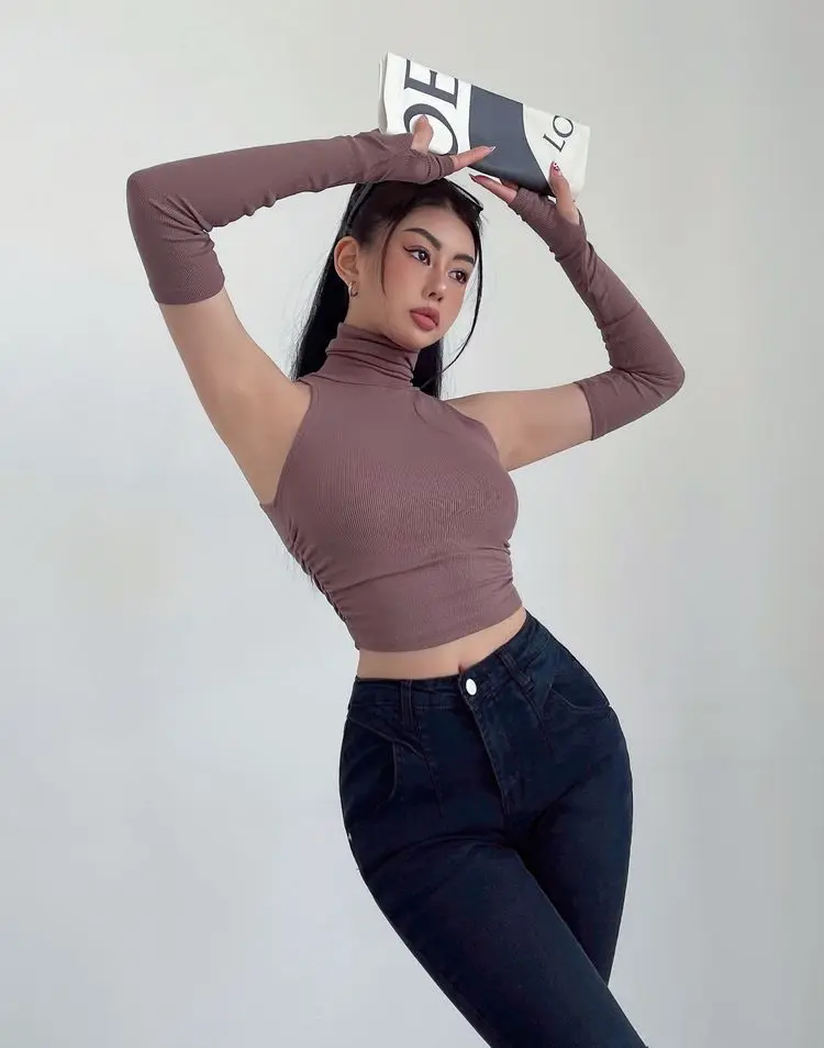 2025 New Spicy Girls Y2k Tops Oversleeve Sexy Turtleneck Tank Top for Women's Slim Fit Short tshirt Skinny Streetwear Crop Top