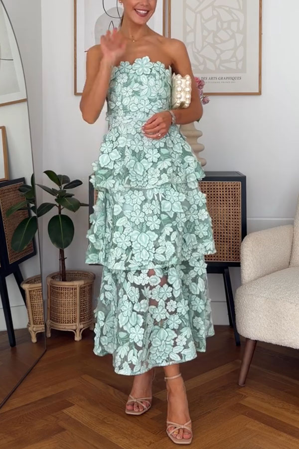 Cocktail Events 3D Embroidery Floral Detail Off Shoulder Tiered Hem Maxi Dress