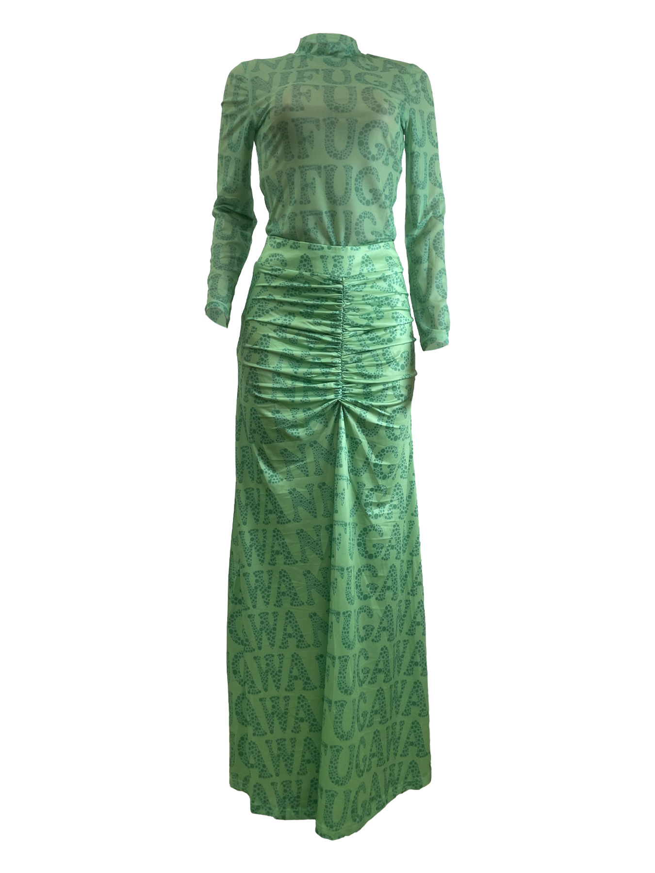 Women Clothing Autumn Winter Mesh Top Pleating Slim Fit Maxi Dress Two Piece Set