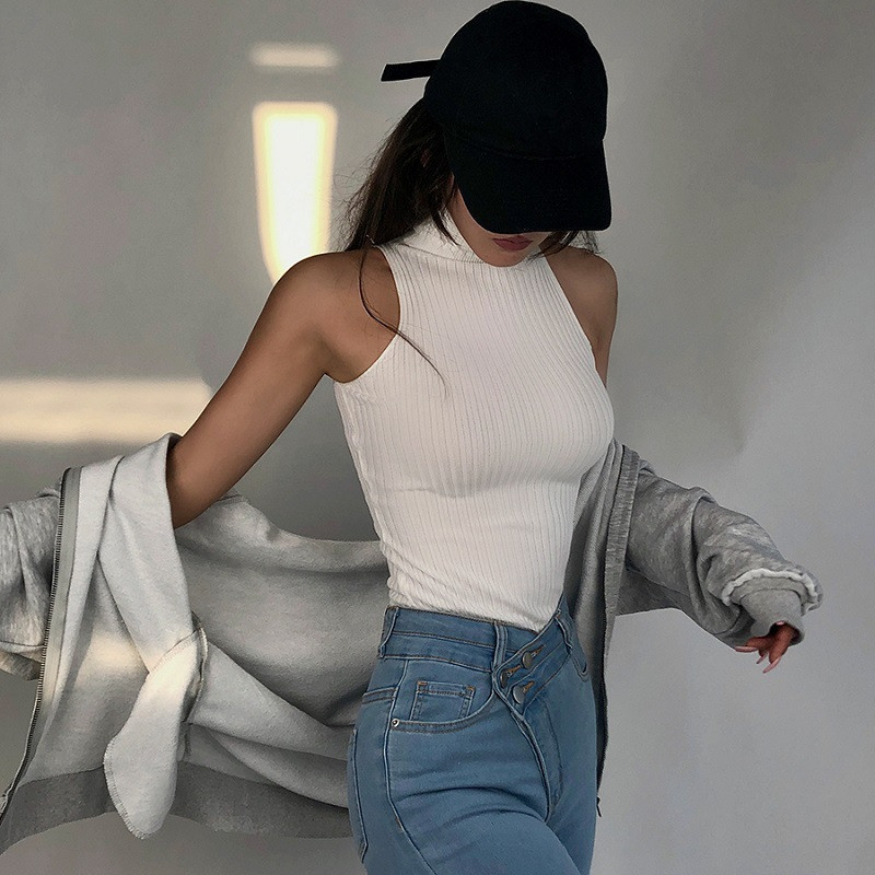 Summer High Neck Vest Women Sleeveless Solid Color Knit Ribbed Slim Fit Tank Tops y2k Clothes Lady Basic Clubwear