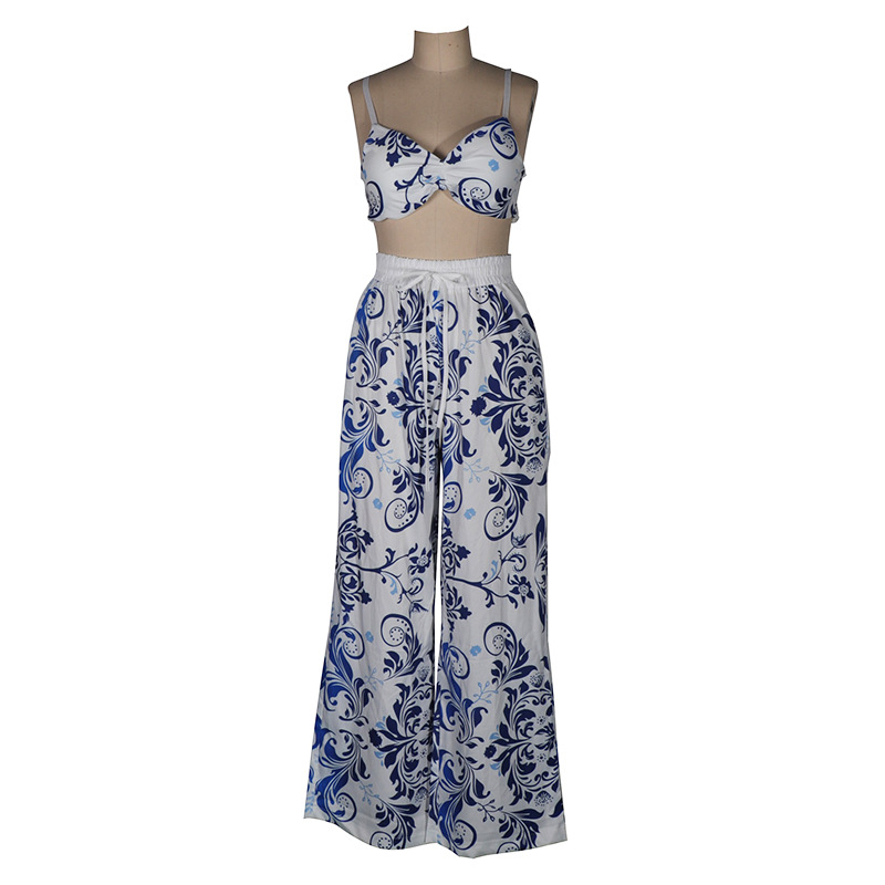 Women Clothing Printed Sexy Tube Top Loose Wide Leg Pants Two Piece Set