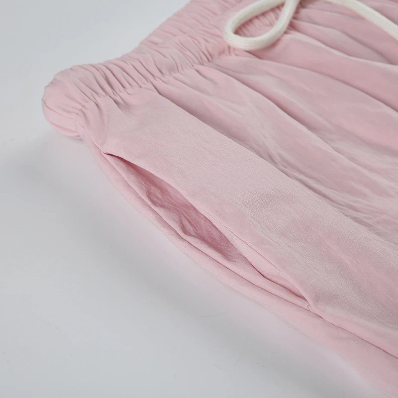 Pink Solid Loose Casual Woven Straight Leg Pants Women Drawstring Low Waist Y2K Baggy Jogging Trousers
