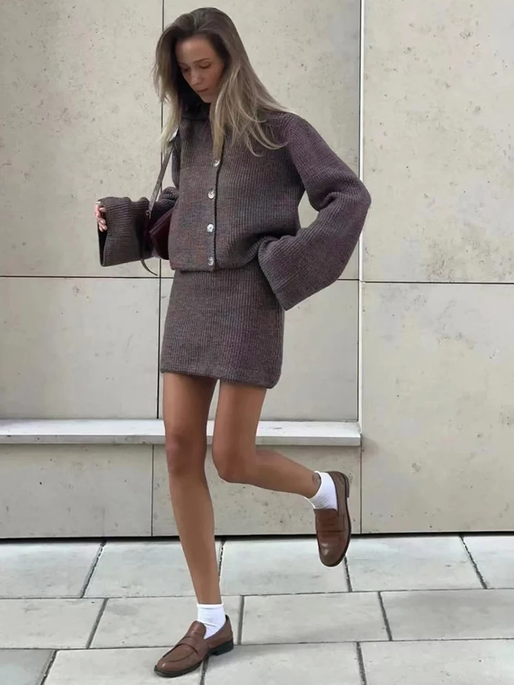 Women's Knitted Suit Lapel Flare Sleeve Cardigan Skirt Autumn Winter New Fashion Solid Slim Female Sweater Two Piece Sets