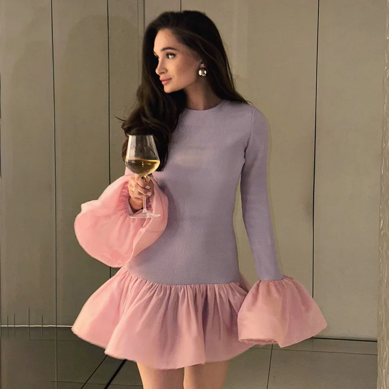 Knitted Mini Dress Female Long Sleeves Gown Flare Sleeves Spliced Autumn Winter Dress A-Line Sweet Bodycon Women Clothes