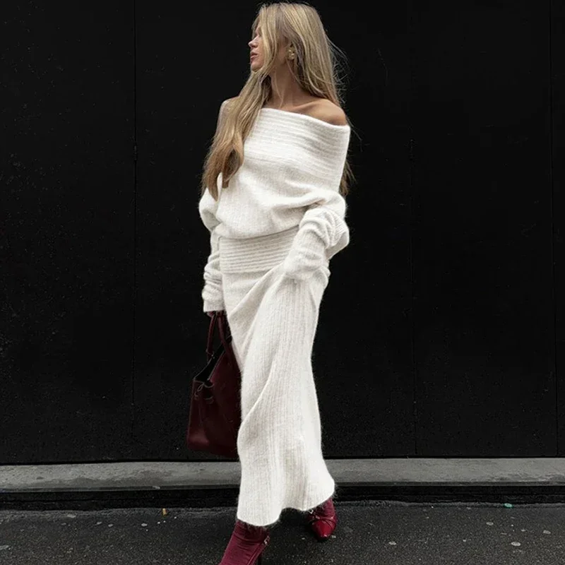 Knitted Skirt 2 Piece Set Women's One-Shoulder Long Sleeves Sweater Pullover Elegant Slim Fit Long Skirt Suit Autumn New