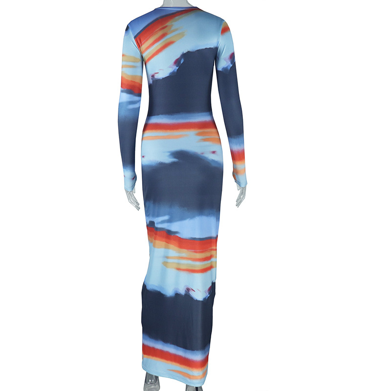 Printing Slim Fit Office Lady Sheath Dress round Neck Long Sleeve Length Dress Color Matching Painted Special Women Clothing