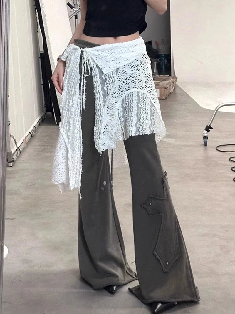 Y2K Irregular Mini Skirts Women Harajuku Aesthetic White Lace Tulle Bandage Skirt Japanese Vintage Hollow Out Faldas New