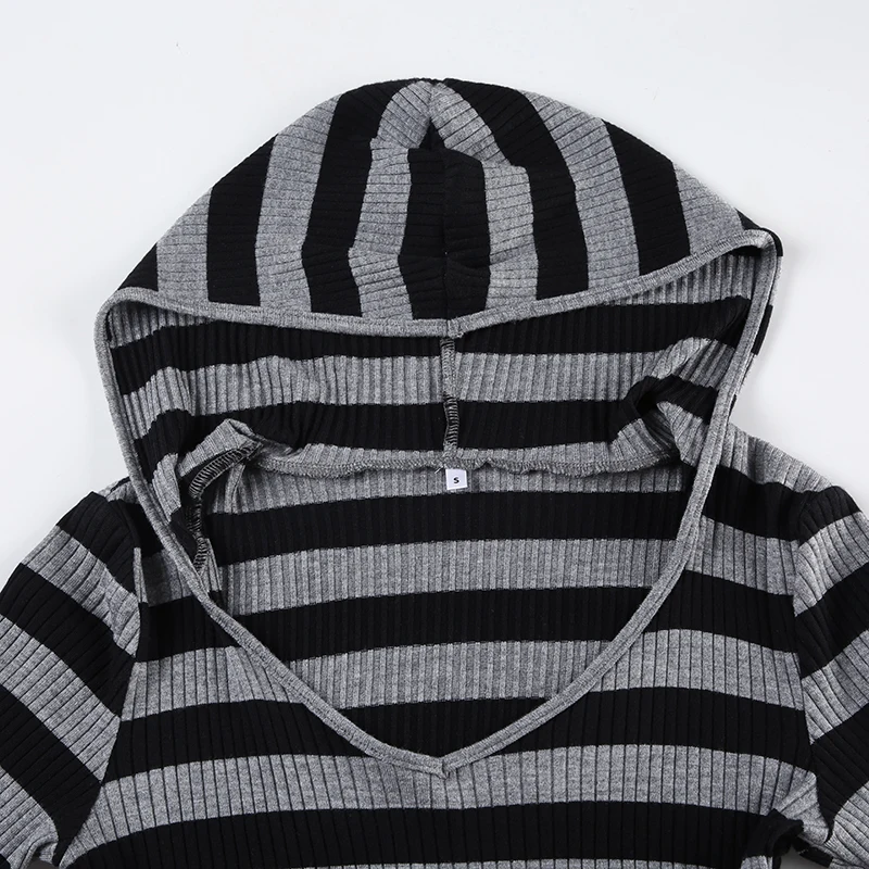 Black Dark Gray Stripe Hooded T-Shirt Women V Neck Slim Long Sleeve Basic Spring Autumn Ribbed Top Preppy Streetwear Tee