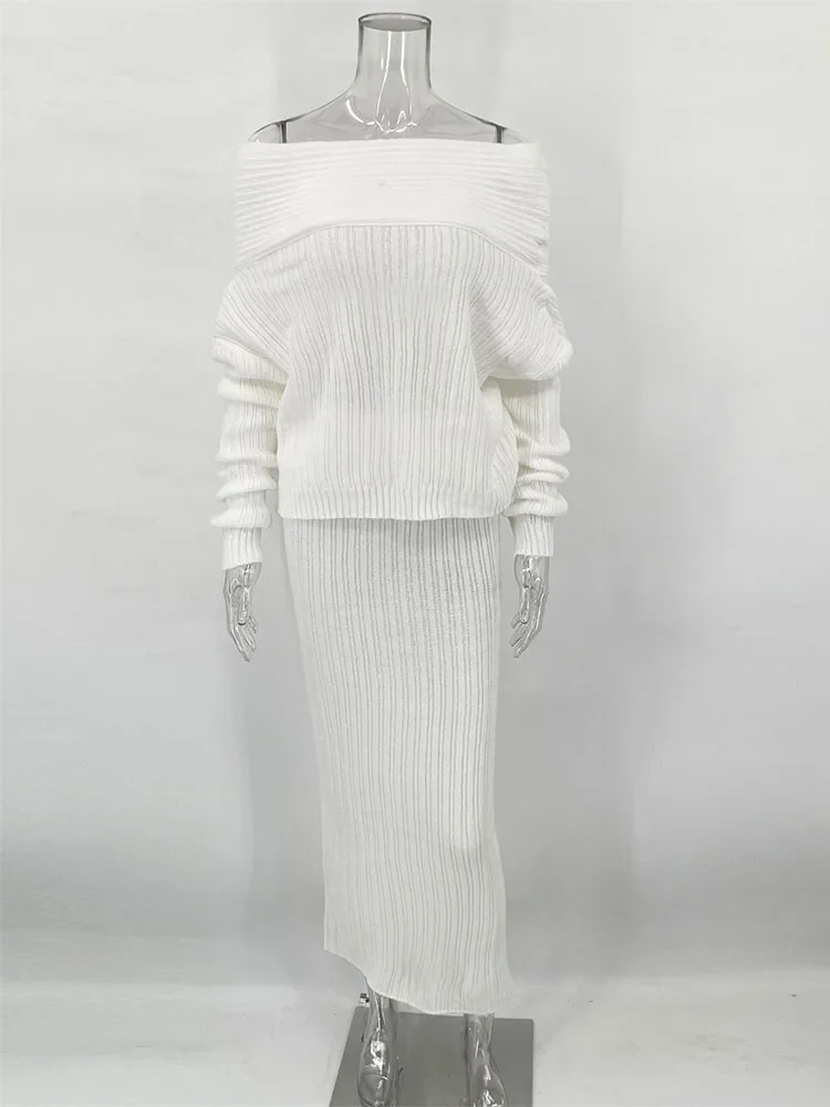 Knitted Skirt 2 Piece Set Women's One-Shoulder Long Sleeves Sweater Pullover Elegant Slim Fit Long Skirt Suit Autumn New