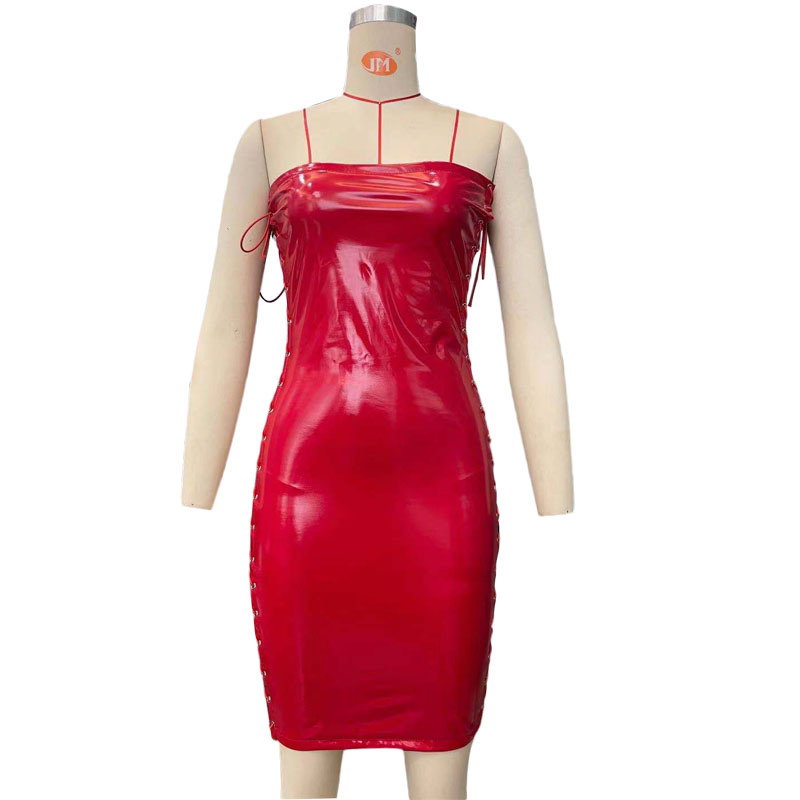 Women Leather Dress Popular Sexy Tight Chest-Wrapped Dress Corns Lace up Leather