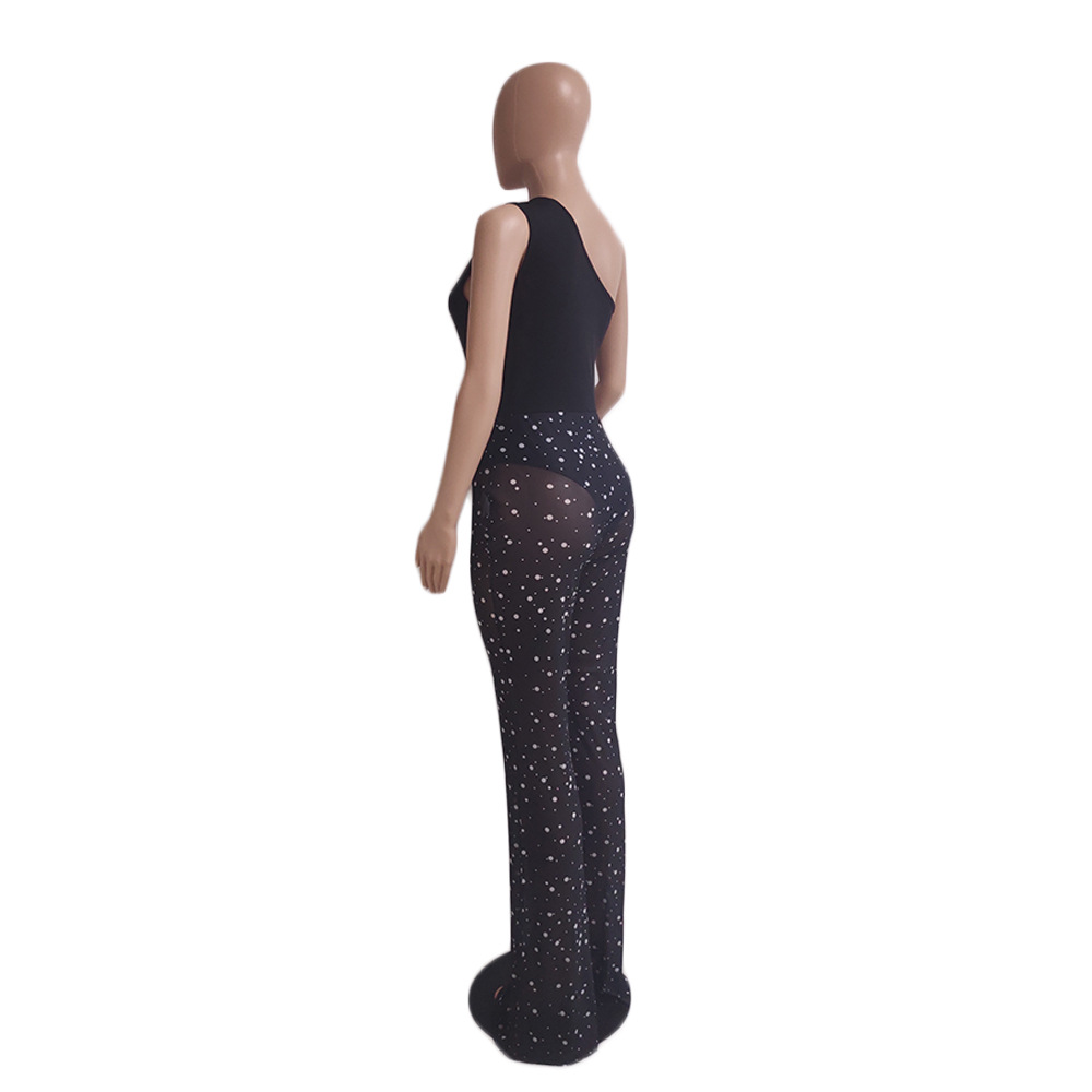 Summer Office Mesh White Dot Printed Vest Jumpsuit Sleeveless Solid Color Milk Silk Black Women Clothing