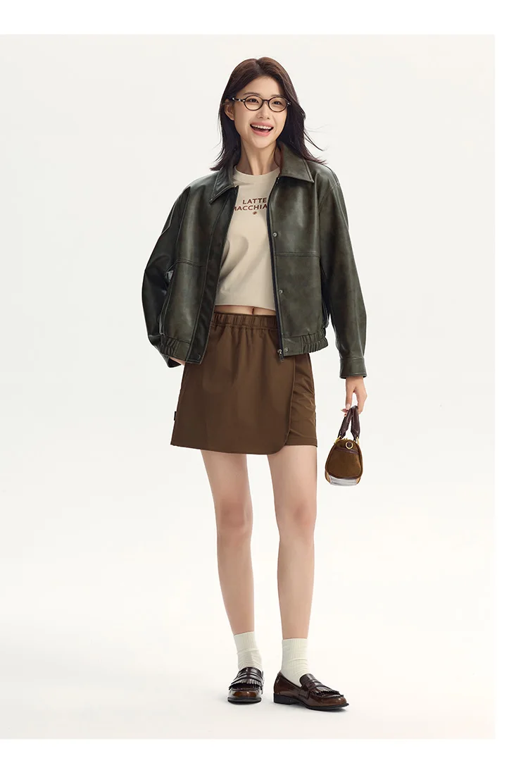 Coat Women Collar Loose Cool Style High Street Autumn New Retro Textured Cool PU Leather Jacket