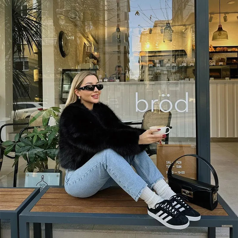 Chic Street Blogger Fashion Girls Winter Trendy Faux Raccoon Fox Fur Coat Jacket Women Thick Warm Cropped Fluffy Overcoats