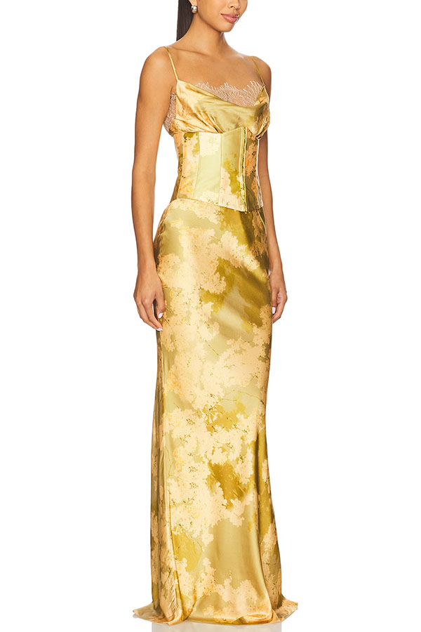 Cleodora Satin Floral Lace Cowl Neck Detachable Corset Slip Drape Maxi Dress