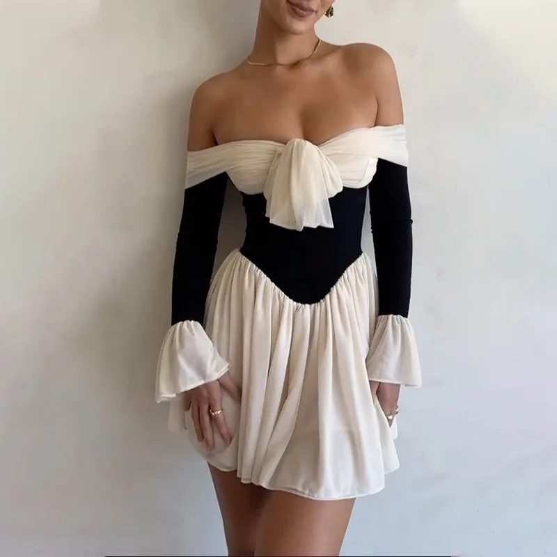 Lace Folds Mini Dress For Women Off The Shoulders Bodycon Splice Sexy Dress Women's Clubwear Fashion Slim Dresses Female