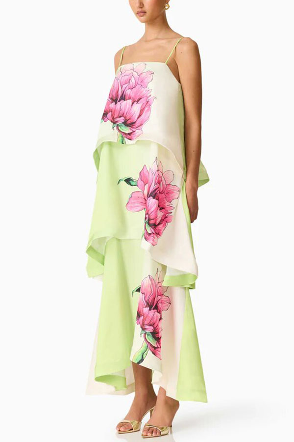 Elisia Satin Color Block Flower Print Tiered Slip Square Neck A-line Maxi Dress