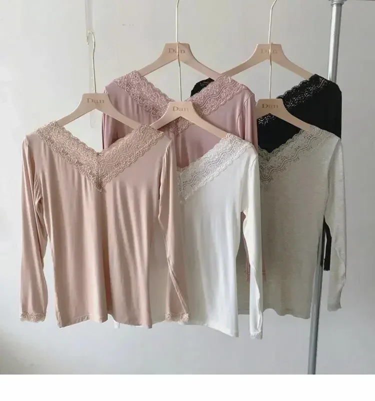 Autumn Long Sleeve Shirt Spring Lycra Thermal Underwear Basic V Neck T-shirt Underwear Woman Top Thin Blouse Female Clothing