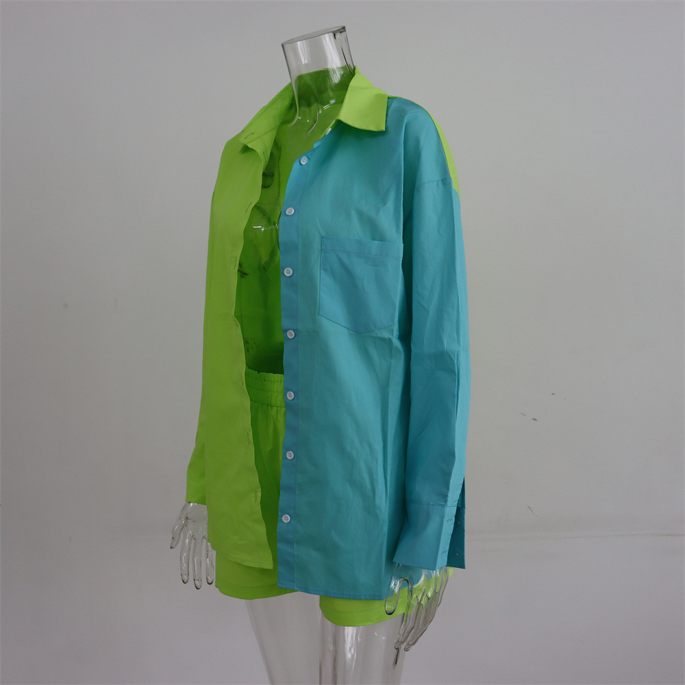 Spring Summer Two Piece Set Solid Color Single Breasted Long Sleeve Collared Shirt Shorts Loose Casual Set