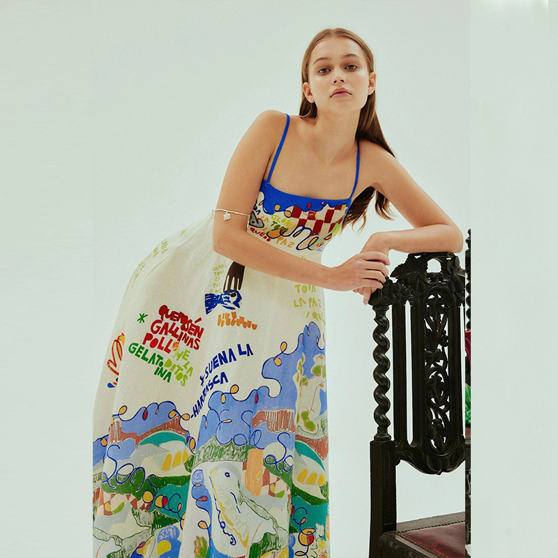 Sexy Sling Graffiti Cotton Linen Printed Large Swing Dress Women