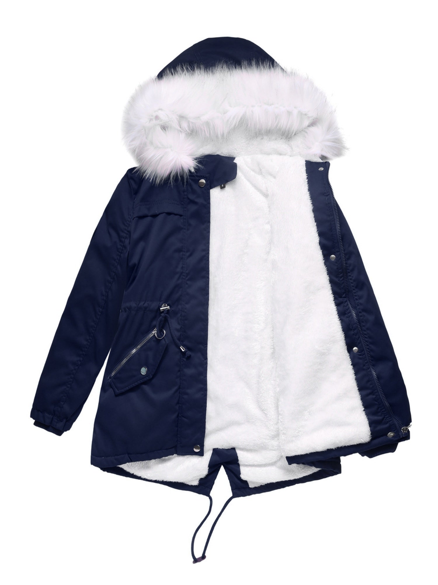 With Fur Collar Fleece Lined Hooded For Warmth Drawstring Pocket Down Jacket