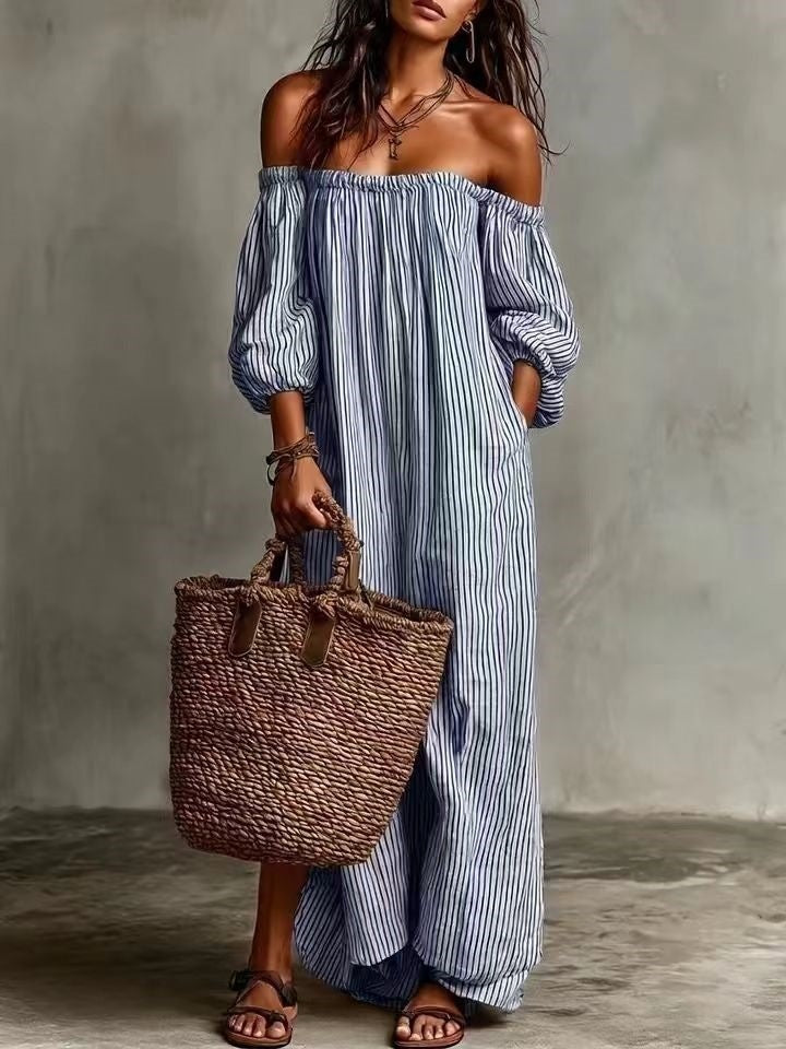 Striped Off-the-shoulder Long Dress