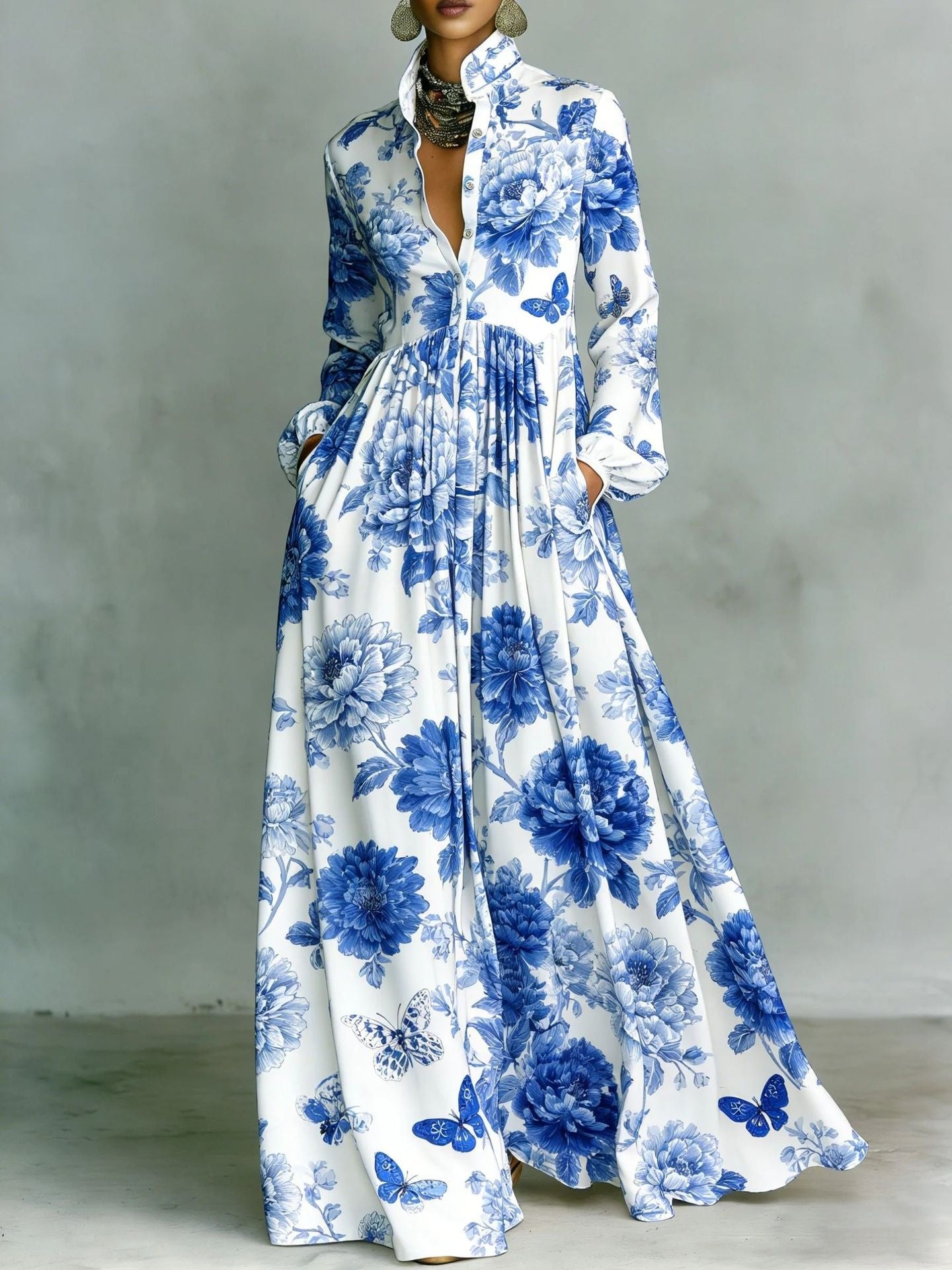 Long-sleeved Printed Maxi Dress