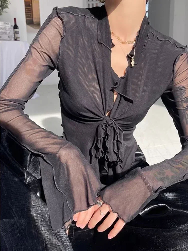 Streetwear Mesh T Shirt Women Fashion Slightly See Through Sexy Crop Tops American Style Beach Female Slim Bandage Tees