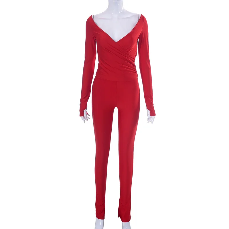 Elegant Women Tracksuit 2 Piece Set Skinny Cross Slash Neck Crop Tops Leggings Stretch Matching Streetwear Outfits