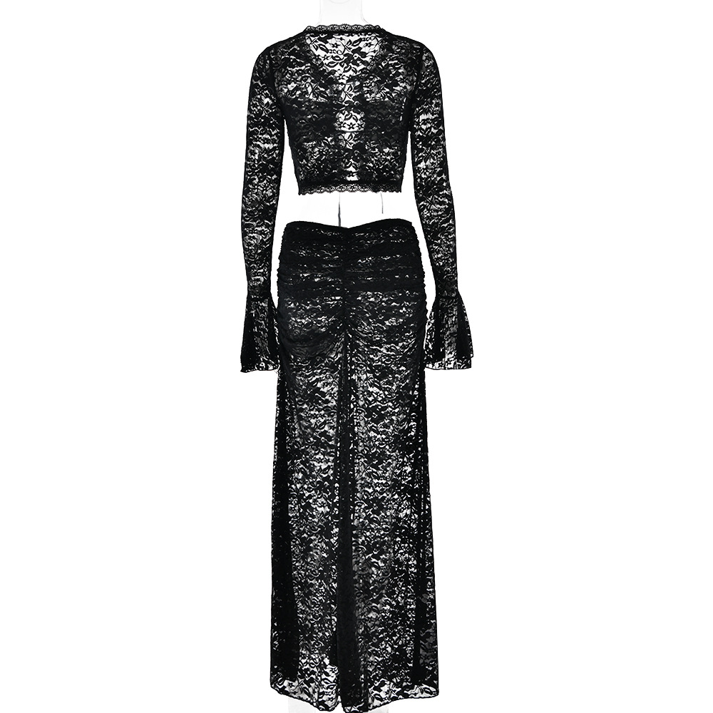 Lace See Through Two Piece Women Sexy Sexy All Match High Waist with Straps Long Skirt Set