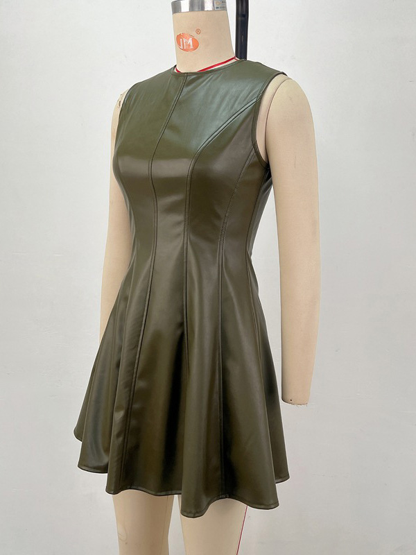 Sleeveless Olive Faux Leather Paneled Pleated Fit And Flare Mini Dress For Women 2026