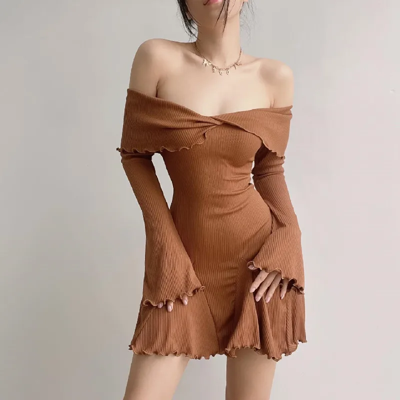 Black Knit Ruffled Mini Dress Women Patchwork Off-Shoulder Loose Slim Fashion Ribbed Dress Knitwear Clothes Female Dress