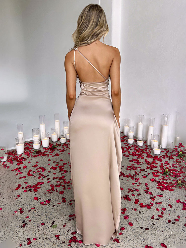 Party Dress Champagne One Shouder Pleated High Slit Sexy Prom Maxi Dresses