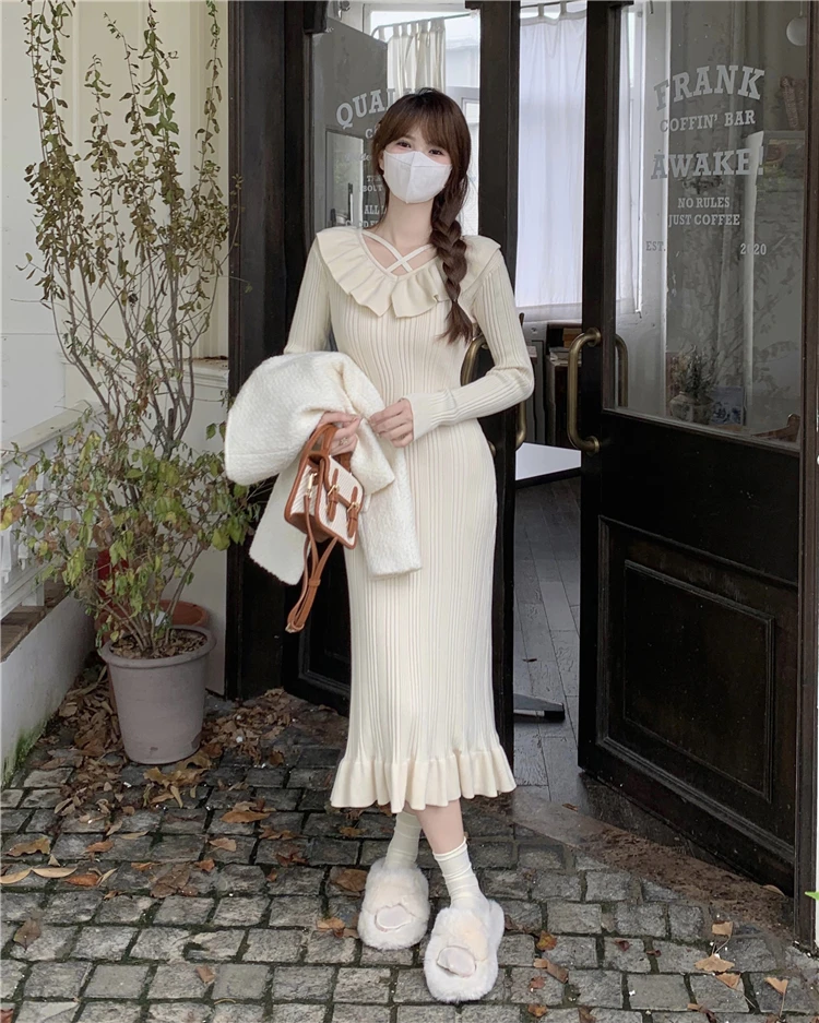 Autumn Knitted Dresses for Women Ruffles V-neck Solid Bodycon Casual Solid Midi Dress Korean Fashion Vestidos Mujer New Knitwear