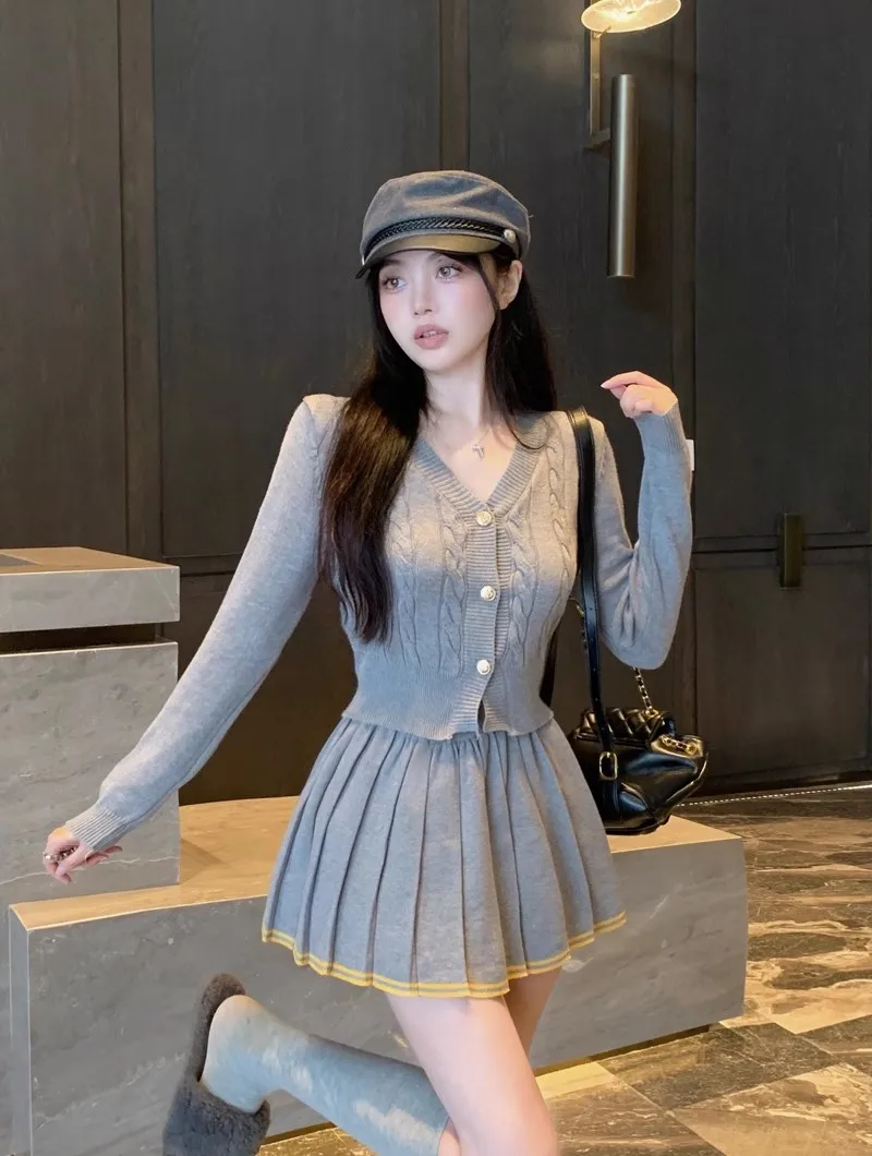 Autumn Knitted Two Piece Skirt Set Women Long Sleeve Single Breasted V-neck Top Mini Pleated Skirt Korean Chic Female Outfit New
