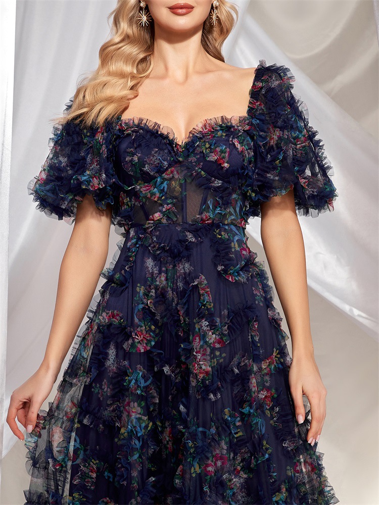 Evening Wear High Grade Floral U Neck Evening Dress Short Sleeve Slim Fit Party Cocktail Dress Women
