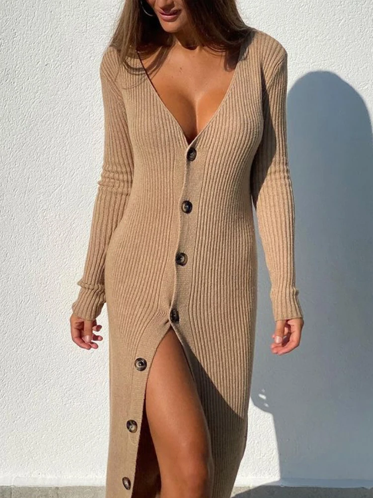Spring New Knitted Sweater Dress V Neck Long Sleeve Bodycon Midi Dress Cardigan Knitwear Ladies Casual White Dresses 2025