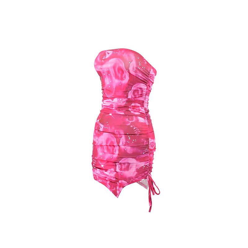 Summer Sexy Women Tube Top Printed Slim Hip Bag Split Short Dress