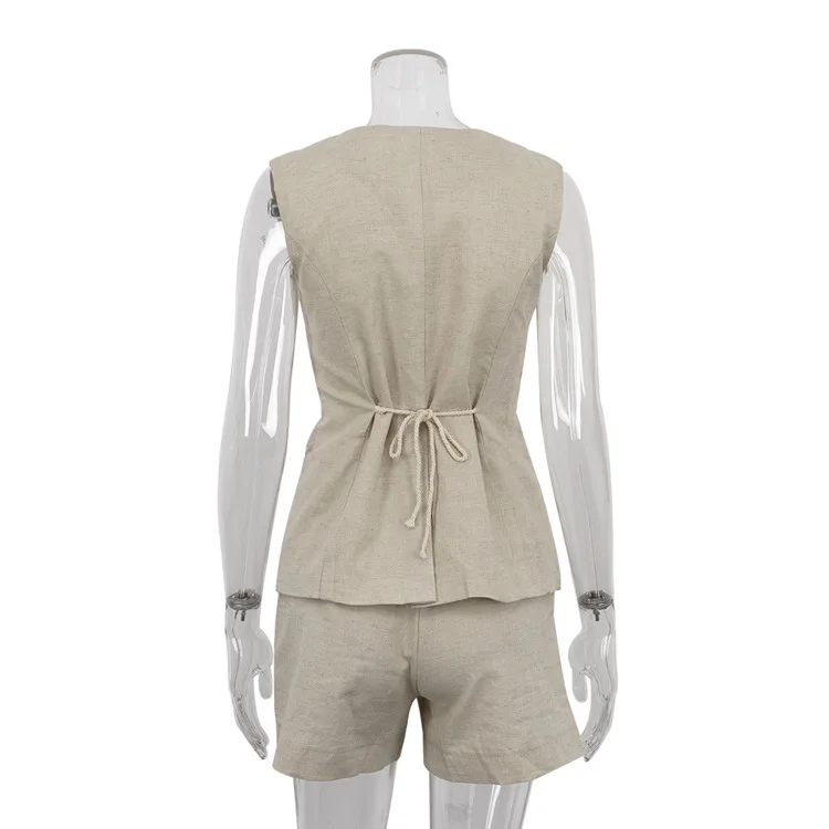 Summer Casual Shorts 2 Piece-Set Female Lace-Up V-Neck Sleeveless Vestidos Top And Women's High Waist Shorts Sets Outfits
