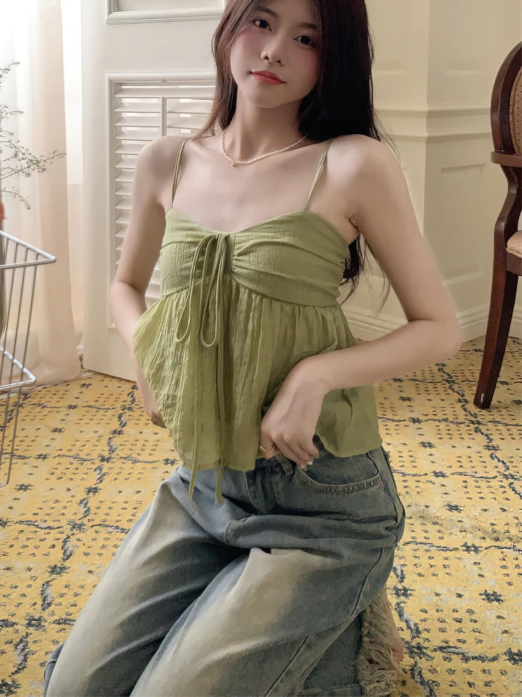 Women Linen Sweet Babydoll Ruffle Crop Sleeveless Top Thin Strap Front Bow Ties Flowy Camis Female Korean Tank Top