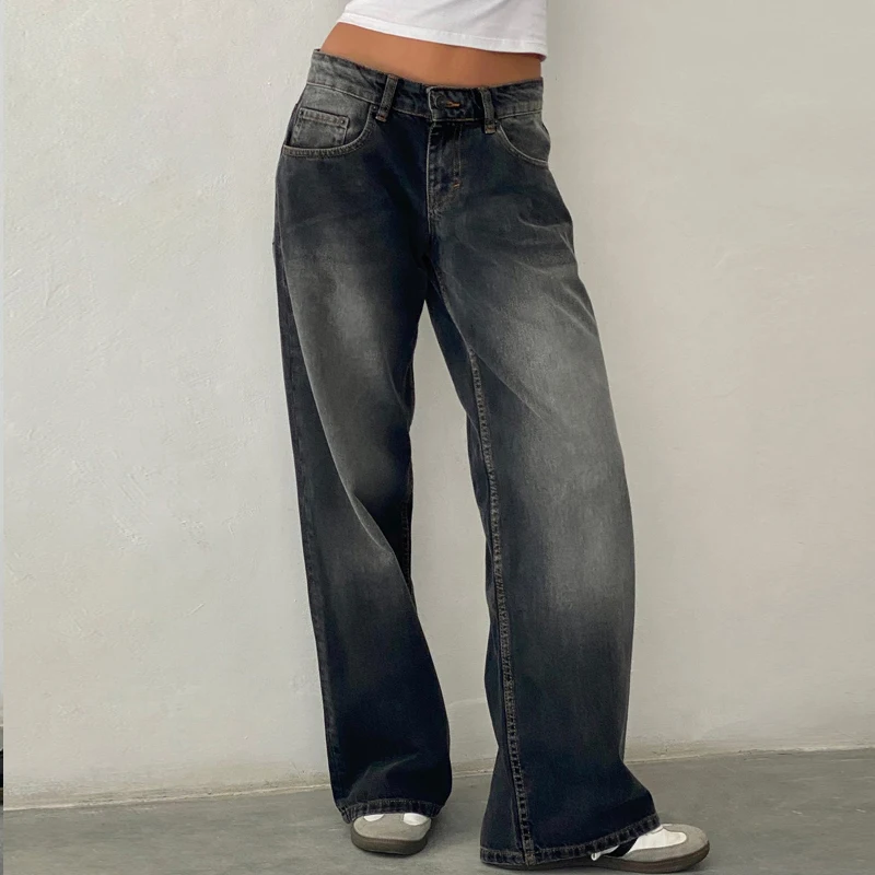 Women Y2K Aesthetic Low Rise Baggy Jeans Loose Fit Boyfriend Straight Wide Leg Jeans Trendy Stretch Long Denim Pants Trousers