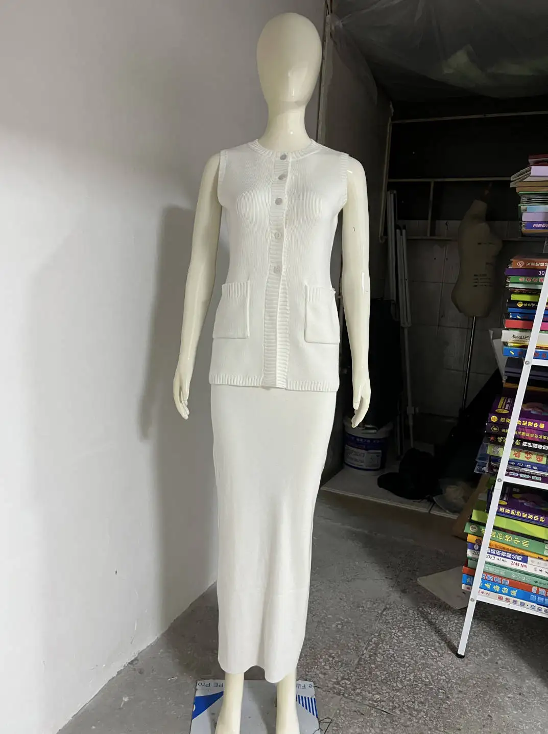 Elegant Knitted Slim Skirt Suit Women's Suit 2 Fashion Solid Color High Waist Slit Vest Casual Sleeveless Long Skirt Suit