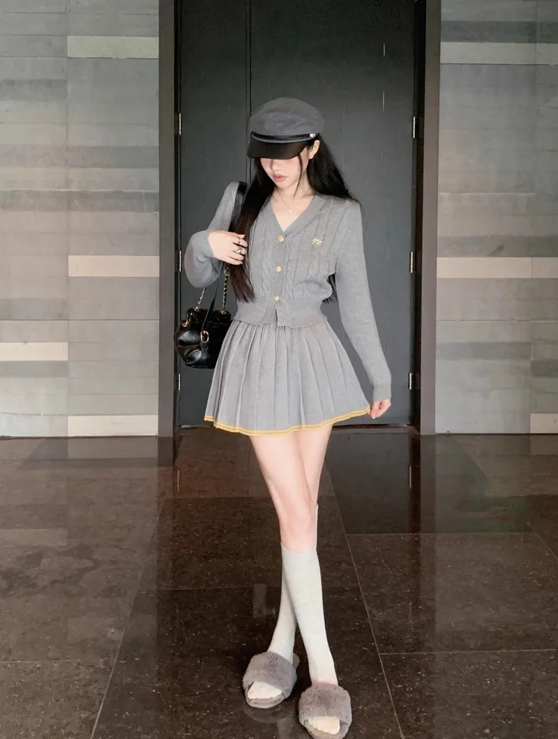 Autumn Knitted Two Piece Skirt Set Women Long Sleeve Single Breasted V-neck Top Mini Pleated Skirt Korean Chic Female Outfit New