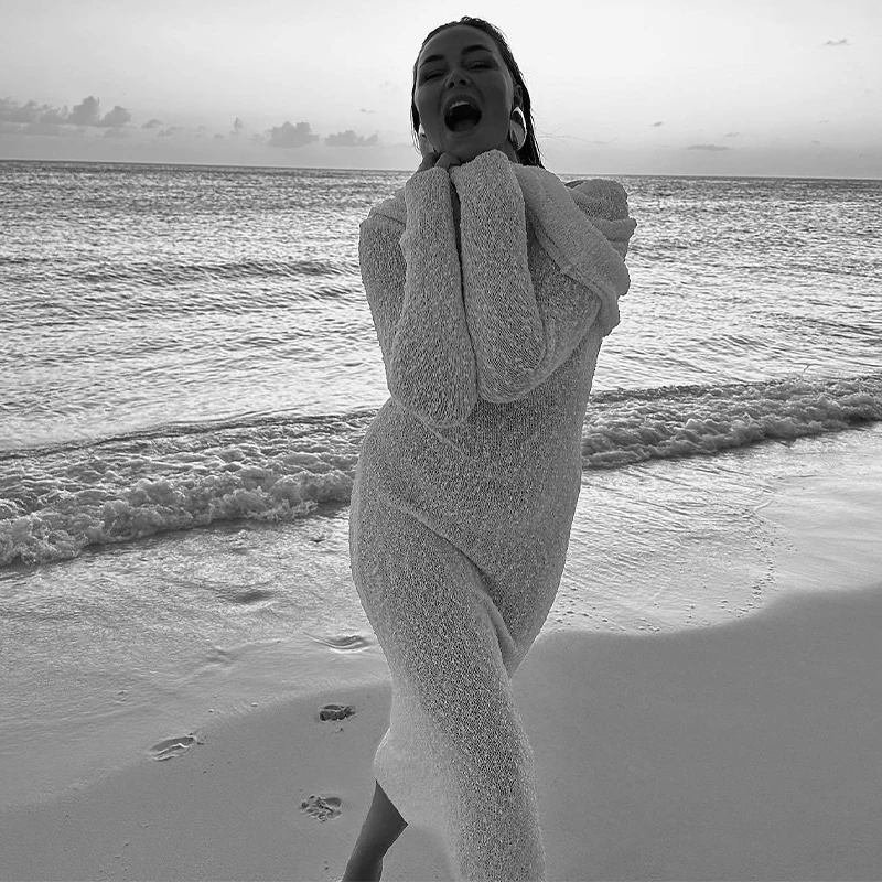 Beach Knitted Off The Shoulder Long Dress Women Slim Flare Sleeve Hollow Out Maxi Dresses 2025 Summer Lady Hip Package Robes