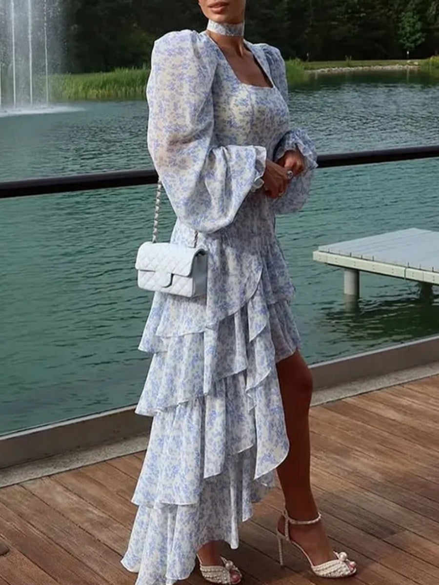 Gathering Floral Print Irregular Hem Temperament Maxi Dresses