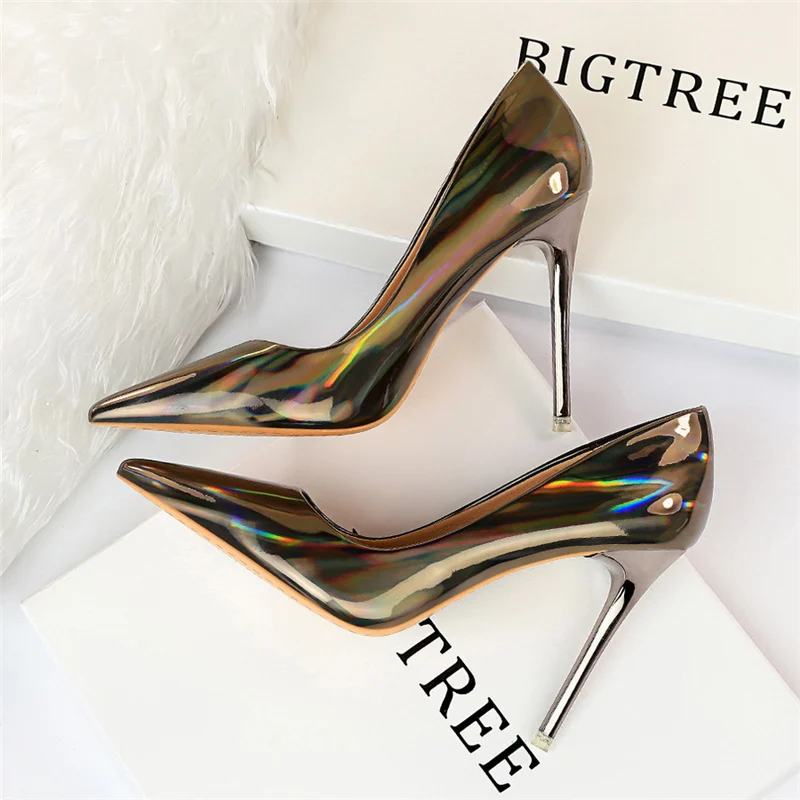 Women 10.5cm High Heels Blue Green Valentine Pumps Luxury Glossy Stripper Stiletto Wedding Bridal Fetish Shoes Plus Size 43