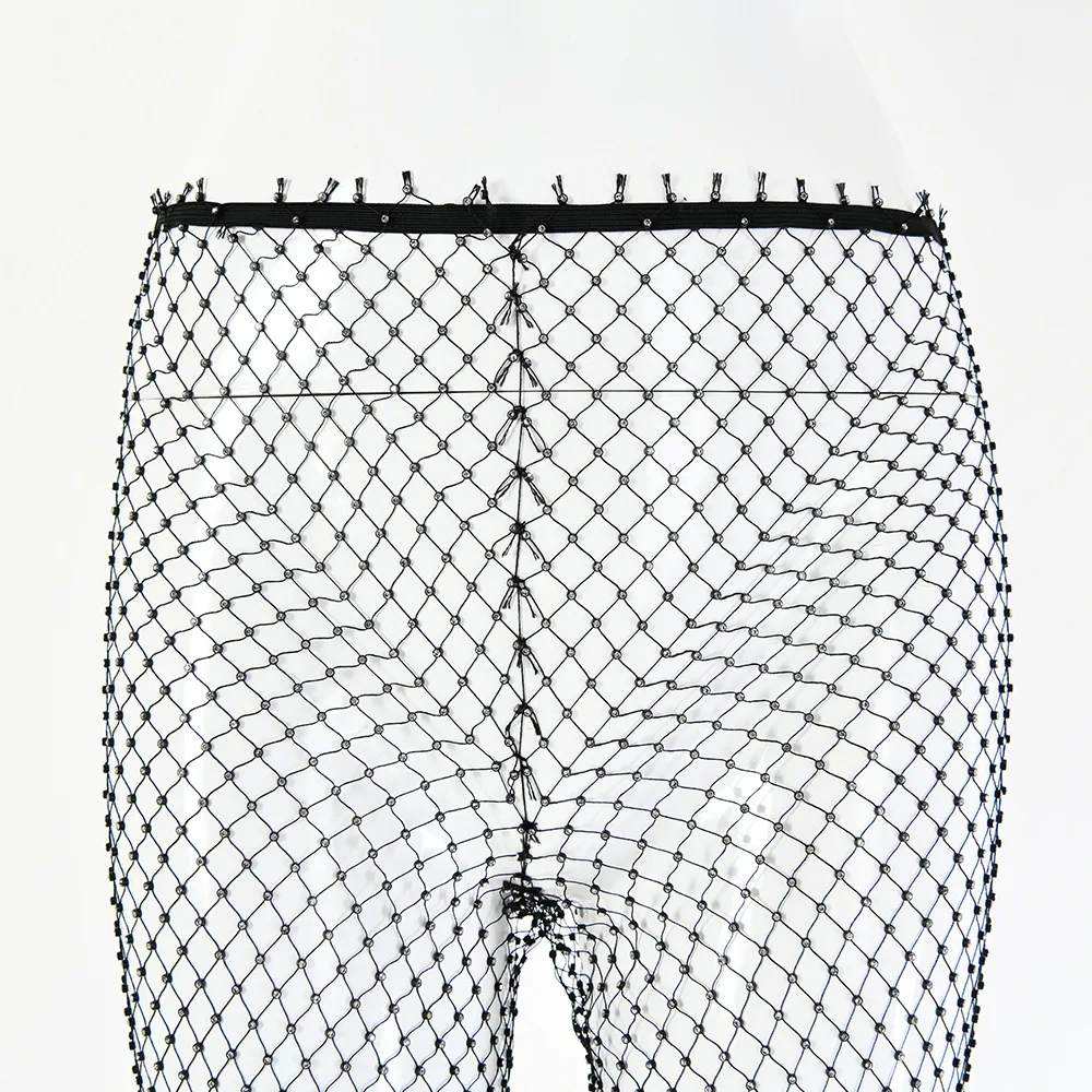 Club Crystal Leggings Fashion Sexy Hollow Out Fishnet Diamond Women Pants Shiny Wide Leg Trousers Ladies Party Leggings