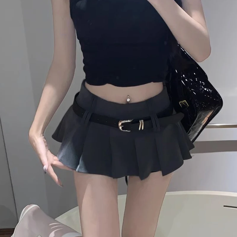 Pleated Mini Skirt Women y2k Preppy Style Solid Color High Waist A Line Skirt with Belt 2000s Party Skirts Streetwear