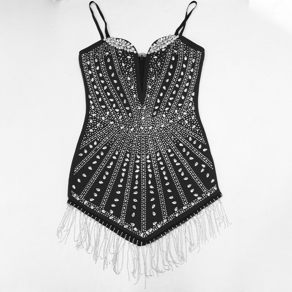 Suspenders Rhinestone Chain Terms Sexy Irregular Asymmetric Dress Women