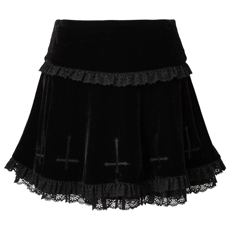 Punk Cross Pattern Mini Skirt Y2K Grunge Gothic Black Lace High Waist Pleated A-line Skirt Vintage Women E-girl Clothes