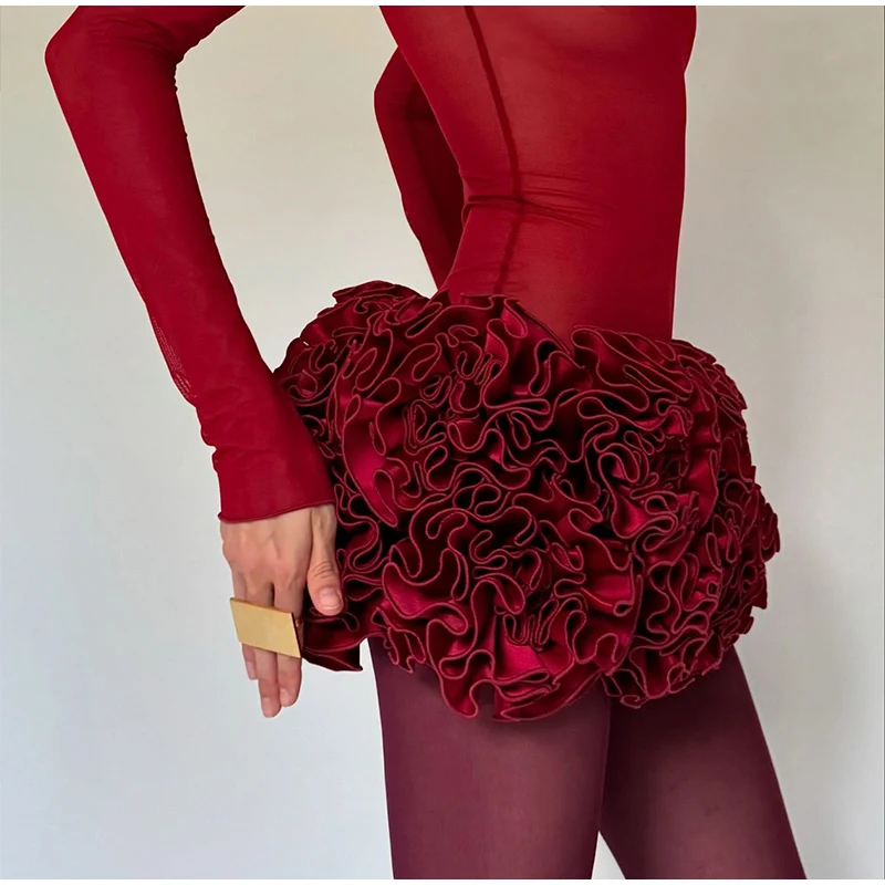 Christmas Red 3D Flowers Skirt Suit Women Bandage Adjustable Tube Top Floral Short Skirt Set Lady Party New in Matching Outfits